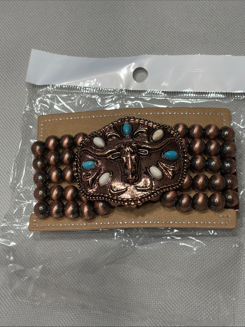 NWT Longhorn Western Trophy Buckle Turquoise White Bead Stretch Bracelet Copper - Picture 2 of 4